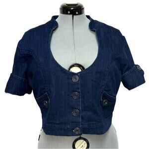 Vintage Miss Lili Denim Button Crop Jacket Unique Collar Roll Tab Sleeve Sz: XL